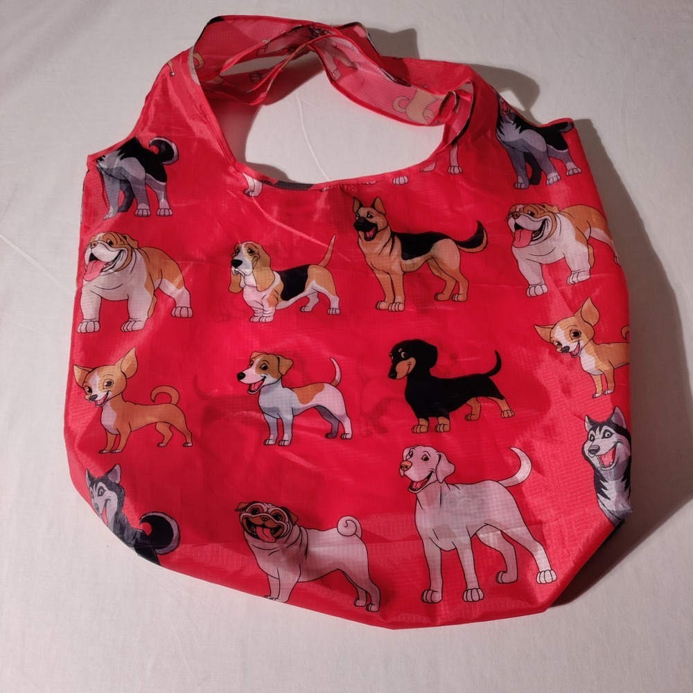 BeeGreen  Reusable Nylon Shopping Tote Red Bag with Dogs All Over